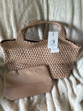 Woven Tote Bag in Nude Beige with Removable Pouch